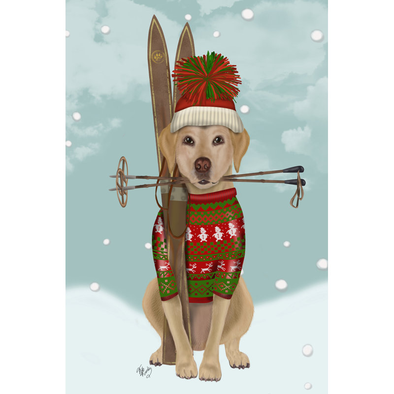 «Yellow Labrador, Skiing» par Fab Funky - impression sur toile tendue, H 18 po x l 12 po