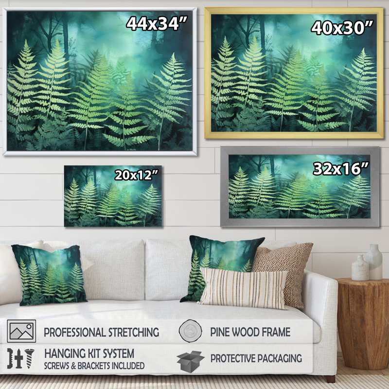«Green Teal Fern Flowers», impression sur toile, Cadre photo blanc, H 34 po x l 44 po x P 1 po