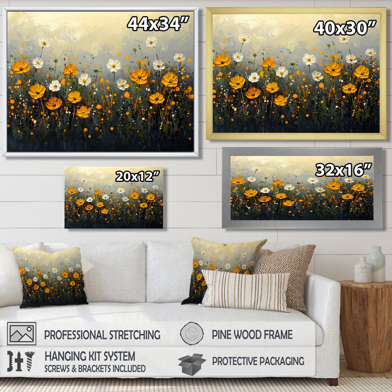 «Dark Summer Daisies Field Landscape III - Daisies», art mural, H 12 po x l 20 po, Cadre simple, Blanc