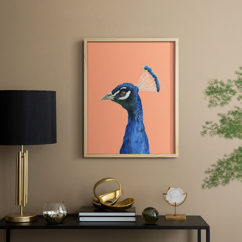 «Peach Peacock Portrait II», reproduction encadrée - bois massif, Naturel, H 11 po x l 9 po