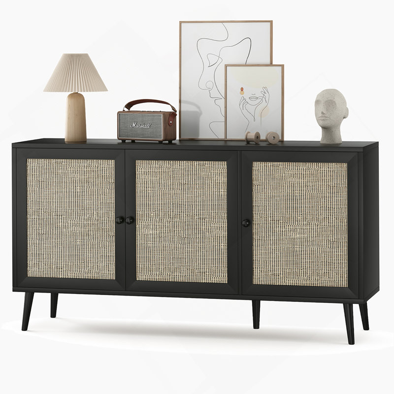 Sideboard Buffet Cabinet With 3 Rattan Doors, Kitchen Storage Cabinet For Entryway Living Room, Black