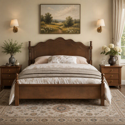 Classic American Vintage Style Wood Bed with Curved Headboard, Platform Bed Frame with Strong Support, No Box Spring Needed Queen size