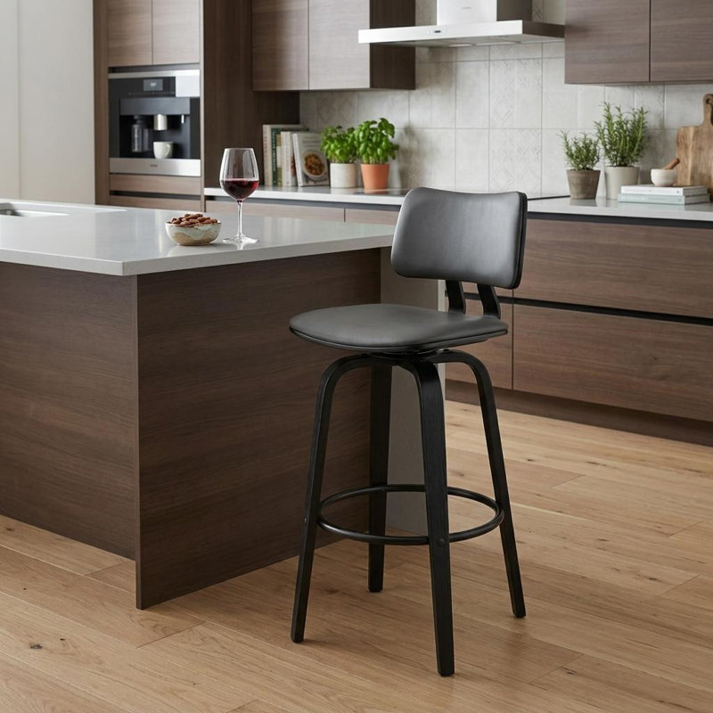 Tabouret pivotant en bois massif Aylis, Tabouret de comptoir (siège d'une hauteur de 26 p, Brun, Gris