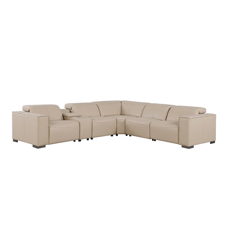 Luxurious Genuine Leather 6-Piece Sectional With 3 Power Reclining Seats & Power Headrest, Beige