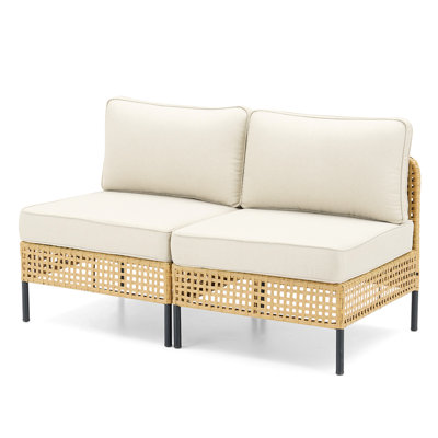 Outdoor Natural Wicker Sofa Boho Patio Sectional Loveseat Furniture Set With Beige Csuhions