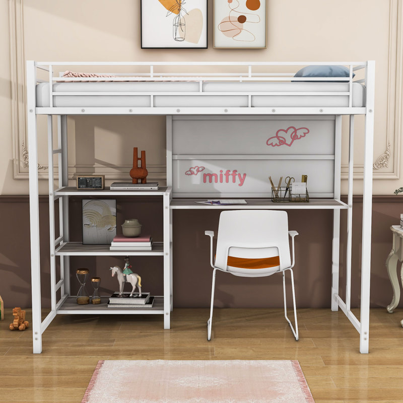 Lit mezzanine en métal avec bureau Aian, Simple, Blanc
