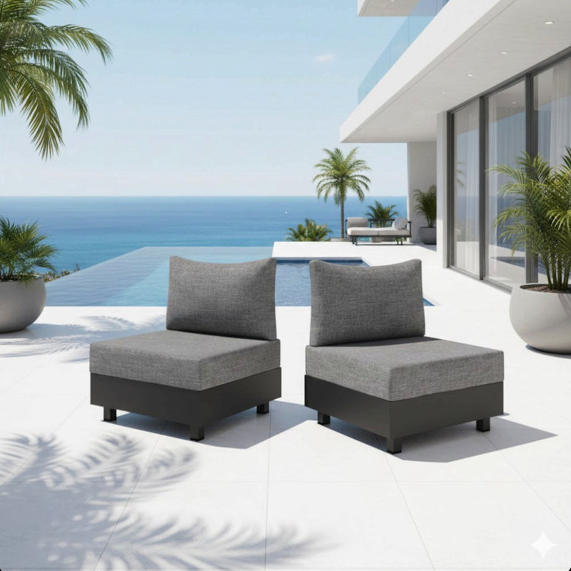 2-Piece Gray Aluminum Modular Armless Chairs For Pool Garden Balcony Porch (Set Of 2)