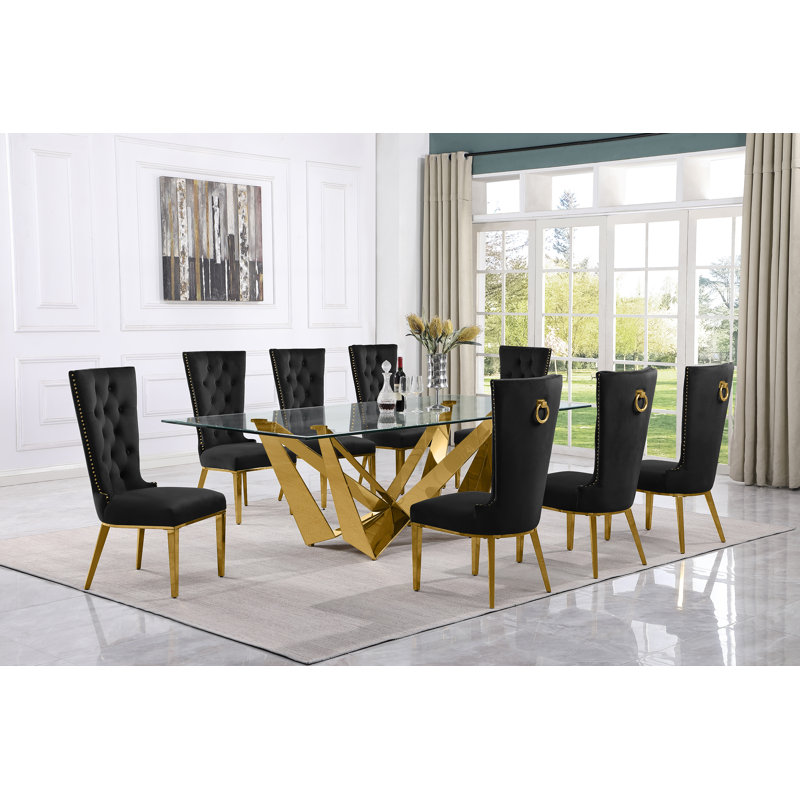 Ensemble de salle à manger rectangulaire L 94 po x l 46 po, Noir / argent, 9, Argent