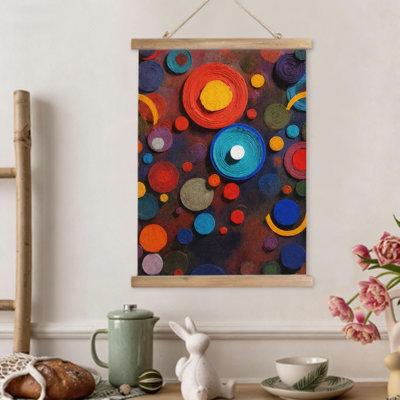 Art texturé circulaire multicolore, art mural à volutes suspendues, cintre en bois intégré, 16 x 24