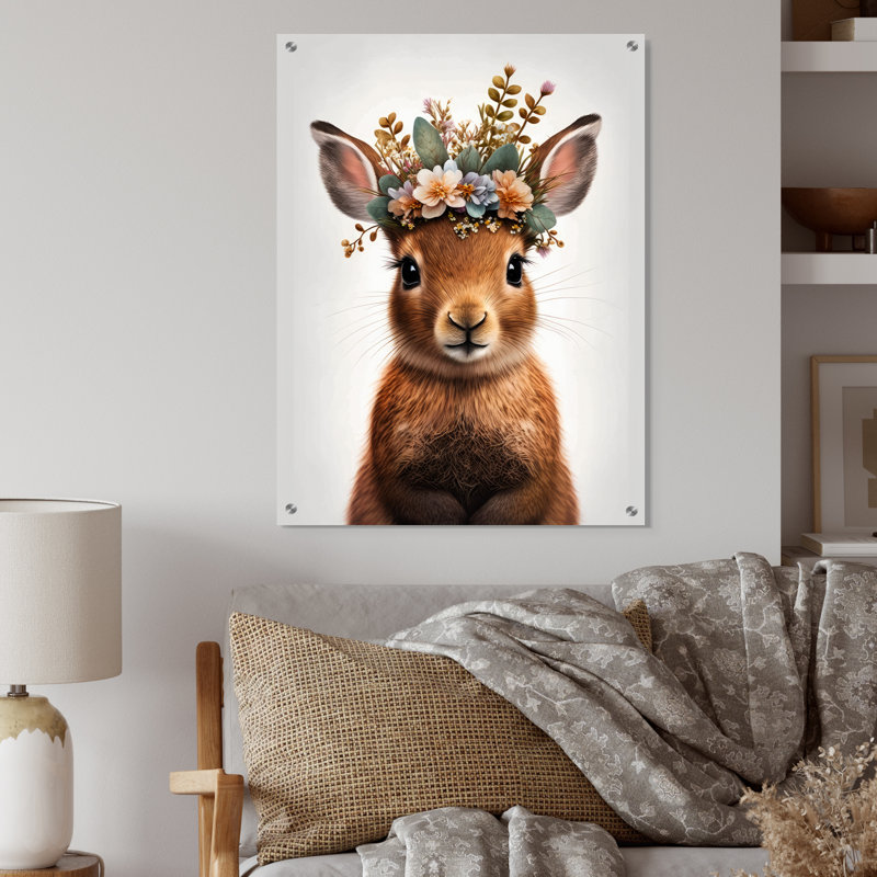 Mignon bébé lapin avec couronne florale I - Art mural acrylique lapin, H 32 po x l 16 po