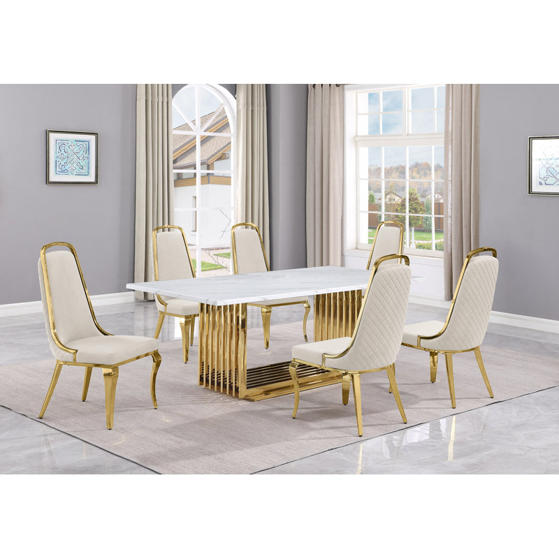 Ensemble de salle à manger rectangulaire L 79 po x l 40 po Kenne, 7, Crème / doré, Or