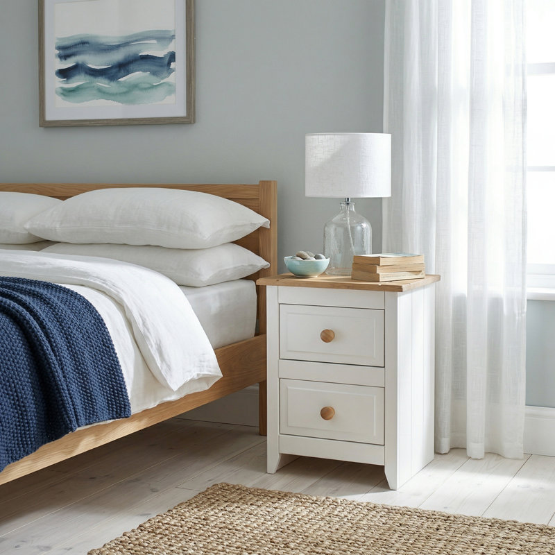 Robledo 2 Drawer Compact Bedside Table, Painted White and Antique Wax Top