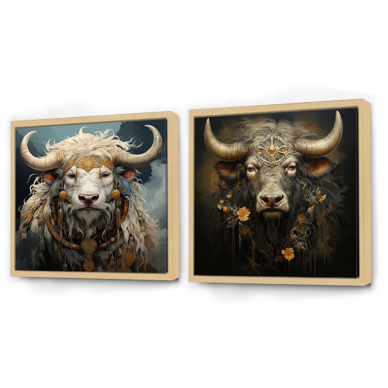 Silhouette baroque yak - animaux, ensemble de 2 collages carrés yak, H 16 po x l 33 po, Cadre flottant brun
