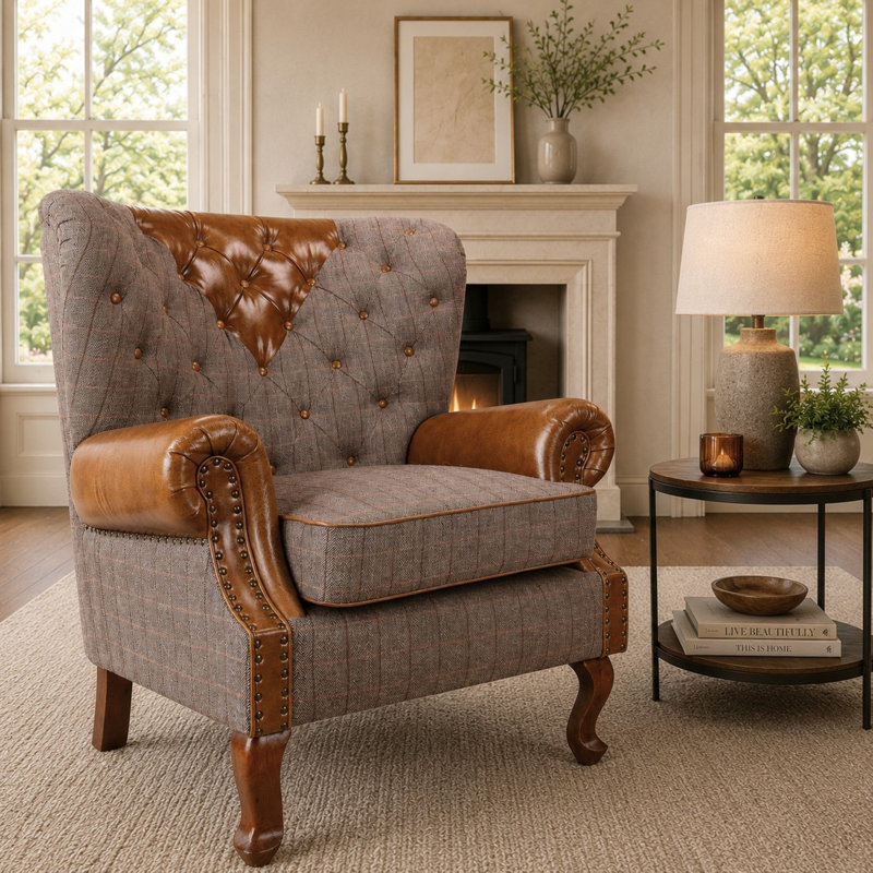 Genuine Leather Upholstered Armchair in Brown