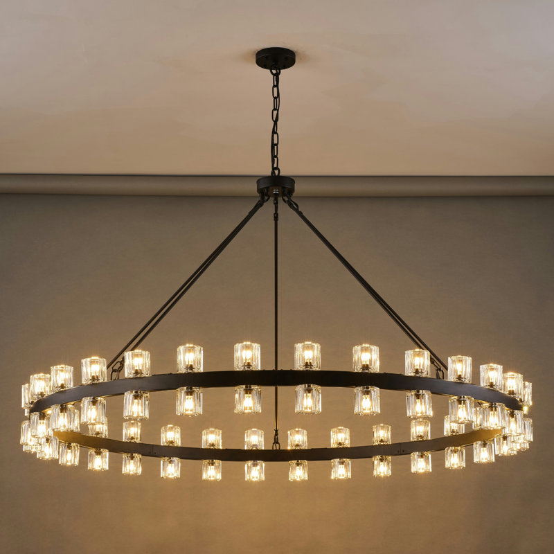Modern 60-Light Wagon Wheel Chandelier with Crystal Shade, Noir mat