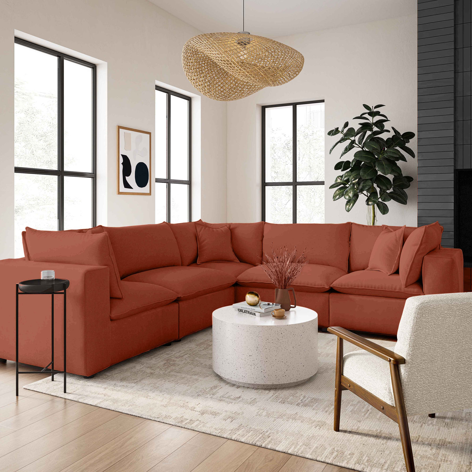 Ellaria 5 - Piece Modular L-Sectional, Cognac Velvet