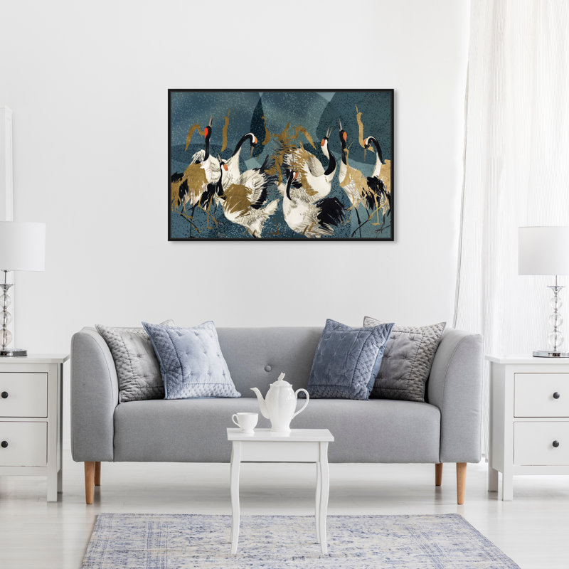 «Crane Love» par Oliver Gal, Toile avec cadre flottant noir, H 21 po x l 31 po x P 1,75 po