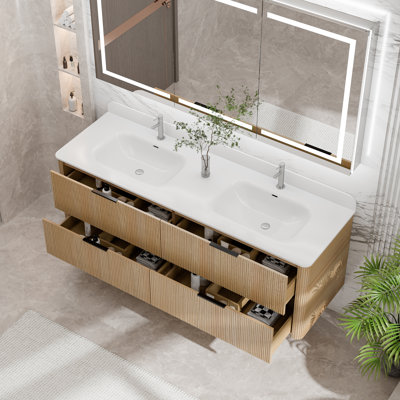 60" Wall-Mounted Double Sink Bathroom Vanity With Integrated Acrylic Top, Reeded Solid Oak Cabinet, Soft-Close Drawers, Black, Oak Or Walnut Finish