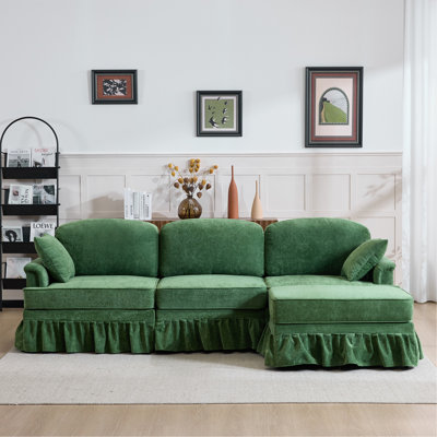 103.15'' Modern Sectional Sofa with Removable Ruffled Pleated Skirt, Chenille Cloud Sofa, Ottoman and Flared Arms, 4-Seat L-Shaped Fabric Sofa for Living Room and Bedroom, green