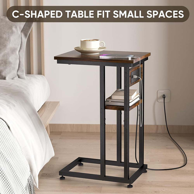 Side Table With Charging Station, C-Shape End Table With Dual USB-C Ports And Outlets, Couch Table, Bedside Table For Small Spaces, Living Room, Bedroom (Rustic Brown)