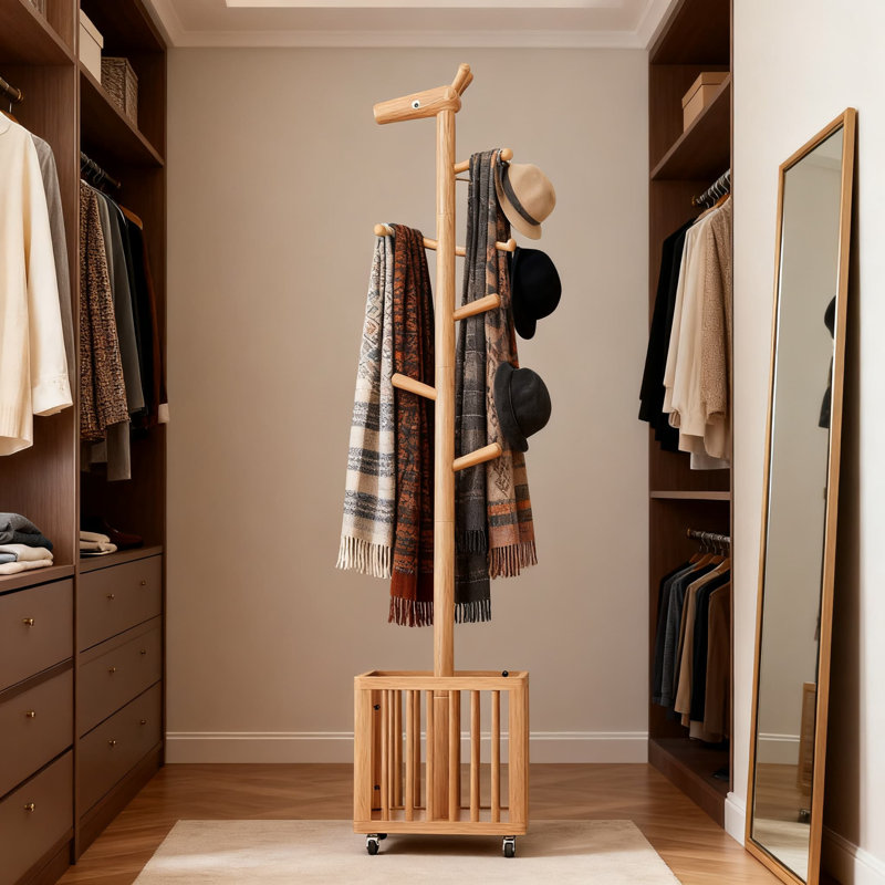 Portemanteau autoportant avec panier à linge, arbre d'entrée en bois de girafe robuste pour entrée, salon, chambre à coucher, roues verrouillables