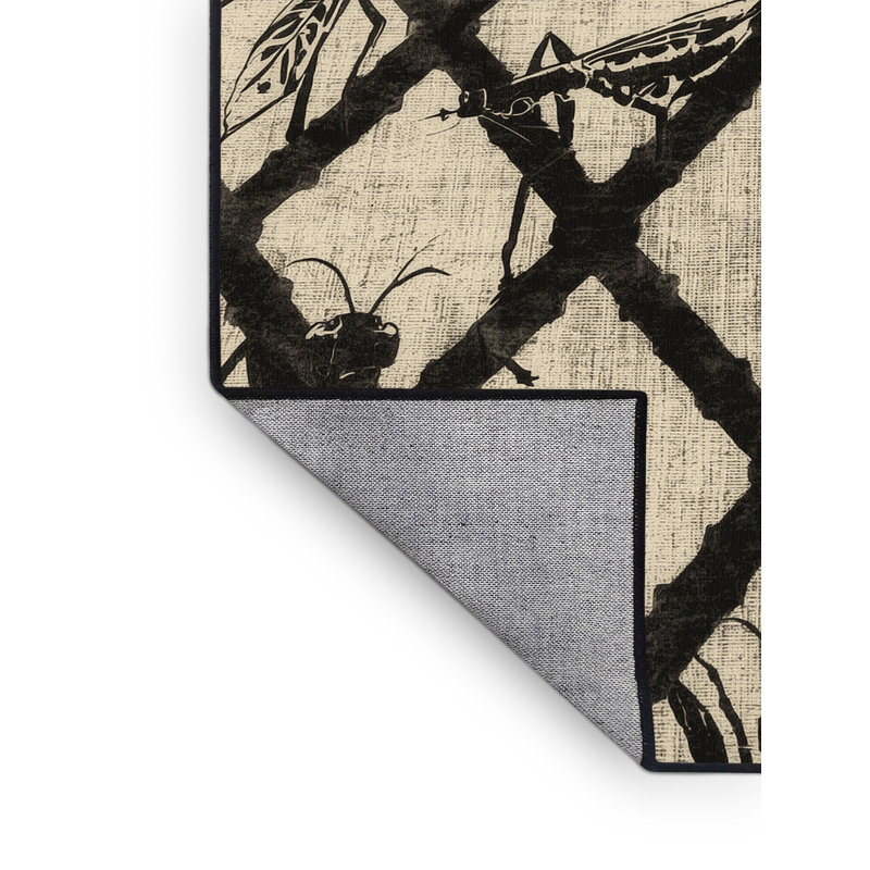 Machine Washable Oryn Praying Mantis Traditional Trellis Rug in Beige – Black Binding, 8 x 12