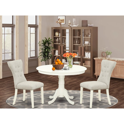 3 Piece Dining Room Table Set Contains a Round Kitchen Table with Pedestal and 2 Doeskin Linen Fabric Parsons Dining Chairs, Linen White