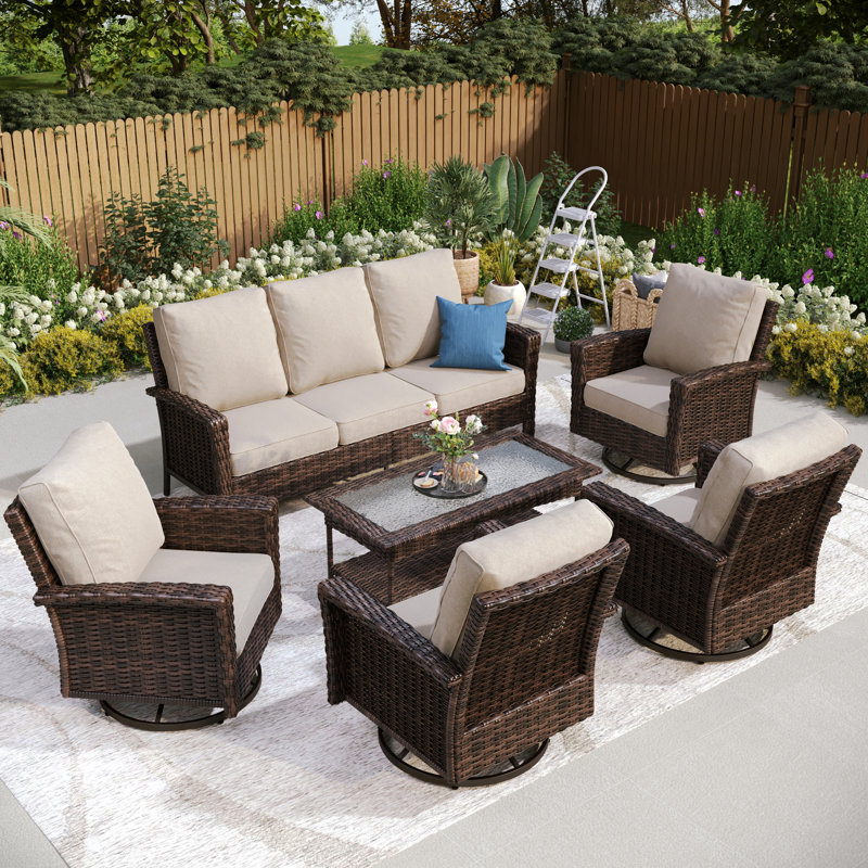 Nadilee Premium All-Weather Wicker 7 - Person Patio Conversation Set with Cushions, Beige