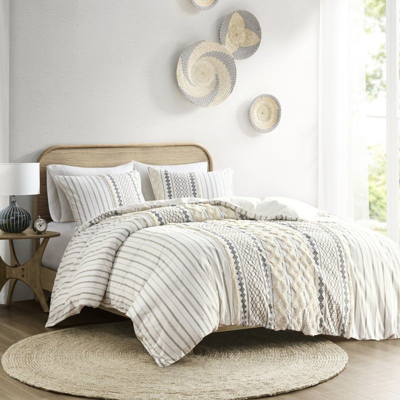 Housse de couette 100% coton très grand / très grand avec chenille - conceptions d'inspiration mondiale, boutons, 2 taies décoratives superposées, sommeil chaud