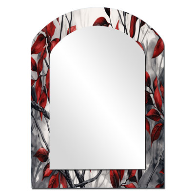 Red Grey Leaves On Tree VI - Floral Asymmetrical Mirror, Red Arch Decorative Wall Mirror, Printed Metal Art