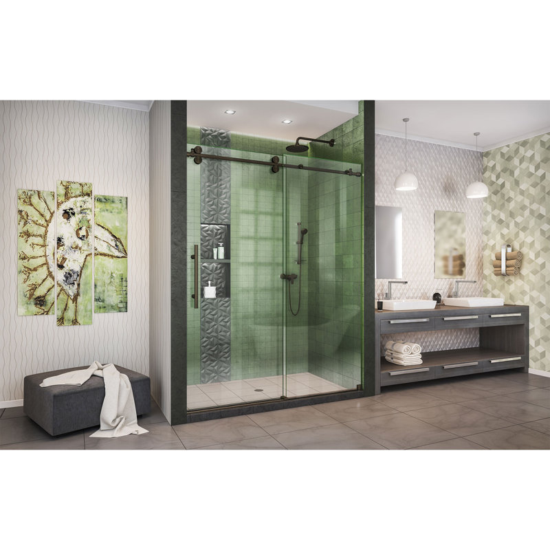 Enigma-XO 55" W x 62" H Single Sliding Frameless Shower Door with Clear Max Technology, Oil Rubbed Bronze