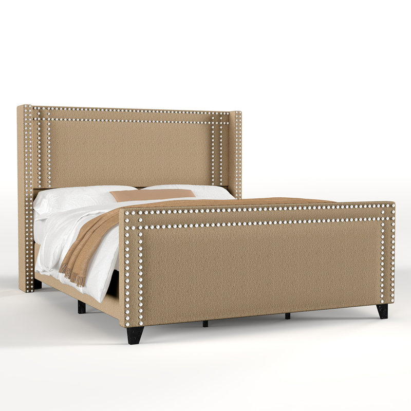 Queen Brown Chenille Upholstered Bed with Nailhead Trim