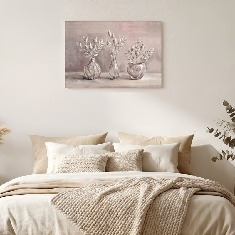Art mural sur toile avec vases en verre peint avec fleurs séchées, H 28 po x l 40 po