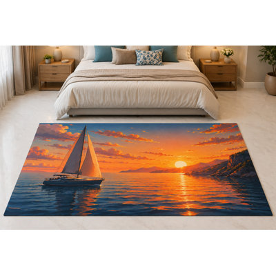 Tapis « Ultra Fin » 152 x 213 cm (5 pi x 7 pi) à motif de voilier et coucher de soleil sur l'océan, idéal pour la chambre, le salon et le bureau à domicile. Moquette douce à poils courts avec envers antidérapant en silicone.