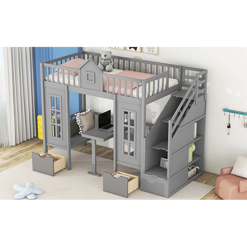 Twin-Over-Twin Bunk Bed with Changeable Table, Bunk Bed Turn into Upper Bed and Down Desk -Pink, Grey
