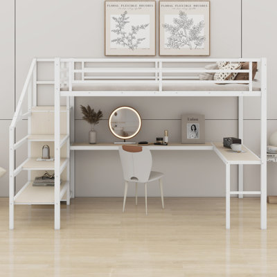 Lit mezzanine avec bureau en L et port USB, garde-robe, tablette et DEL
