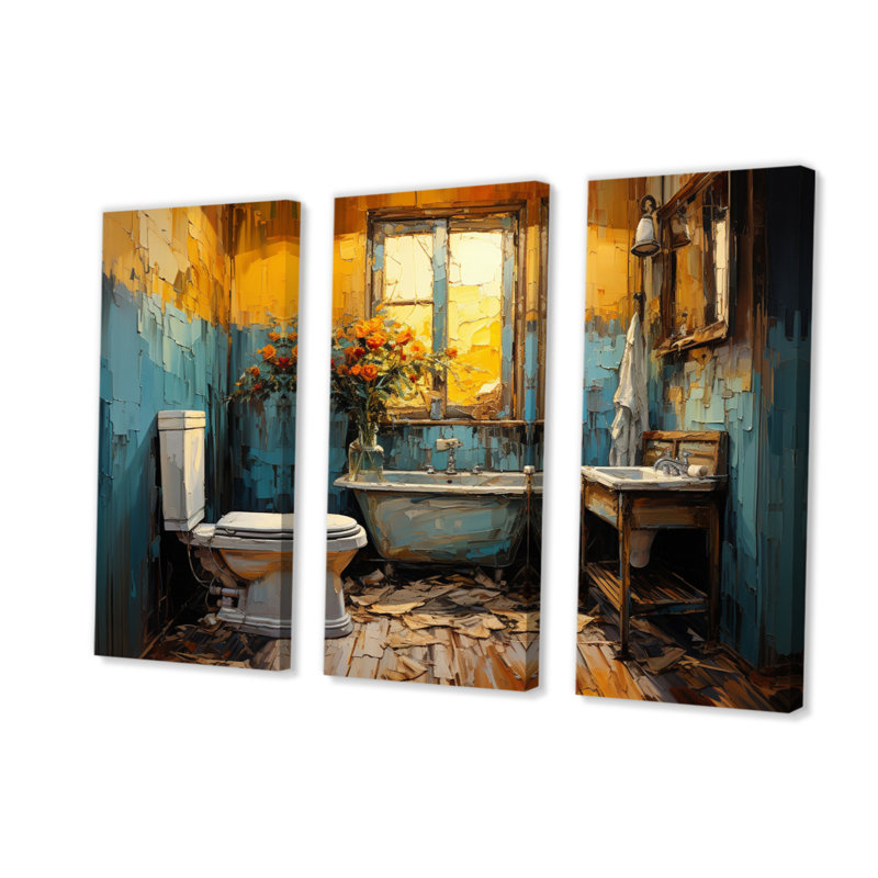 «Bathroom Bathroom», peinture sur toile 3 pièces, H 28 po x l 36 po x P 1 po