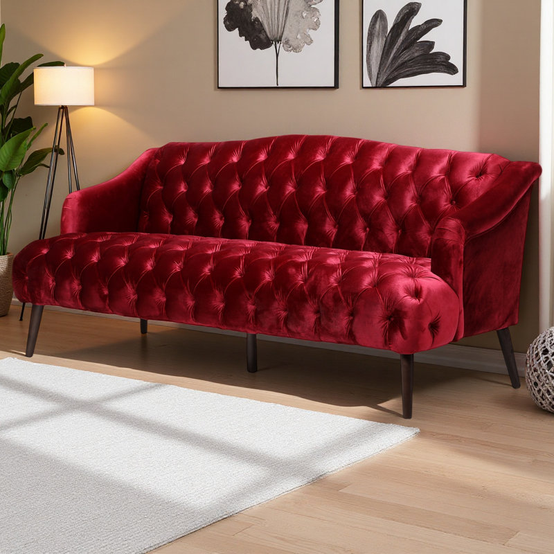 Canapé 3 places avec pieds en bois Comfy, Velours rouge