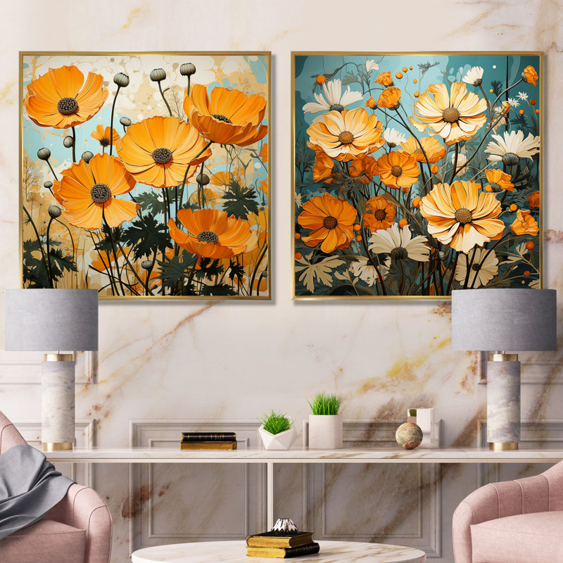 Ensemble de 2 décorations murales jaune souci, Cadre flottant doré, H 16 po x l 33 po x P 1 po