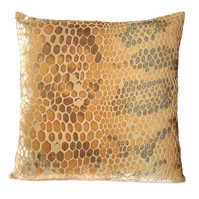 Snakeskin Square Velvet Pillow Cover & Insert, Square 18"H x 18"W, Gold Beige