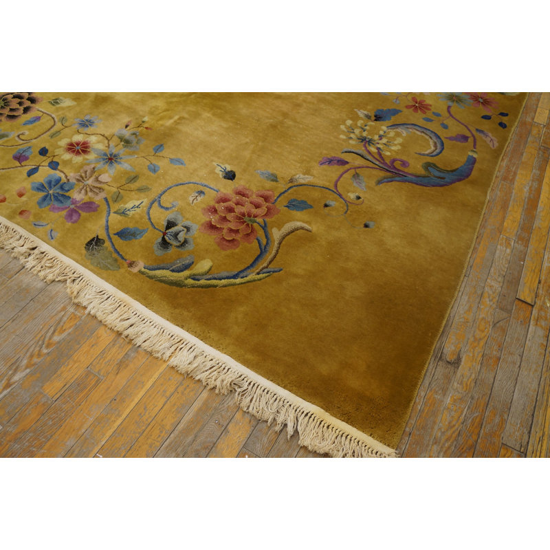 Hand Knotted Pile Wool Rectangle Antique 1920s Yellow / Gold Chinese Art Deco Rug