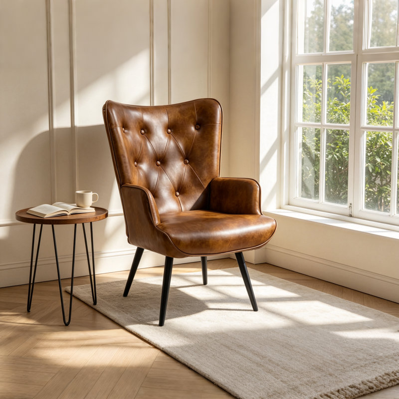 Nalupatio Faux Leather Wingback Chair Mid-century Armchair, PU Leather Upholstered Tufted Button Chairs, Living Room Reading Wingback Armchair, Side Chair for Living Room Bedroom, Brown