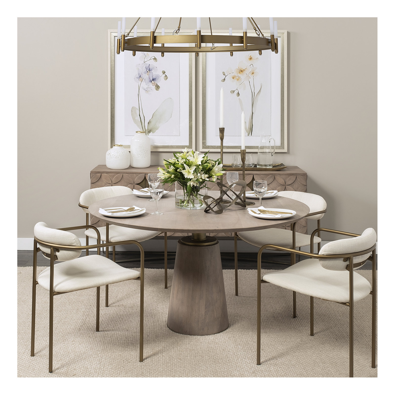 Thelma 54'' Round Dining Table, Light Brown/Gold