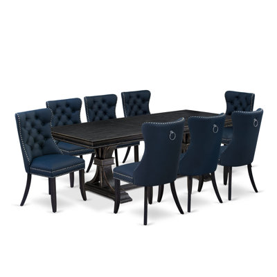 9-piece kitchen set includes a dining table and 8 Navy Blue Polyester Fabric dining Chairs with Button Tufted Chair Back - Sand Blasting Black Finish.