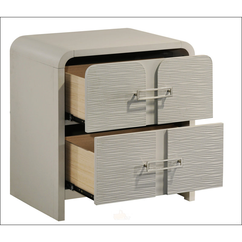 Table de chevet 2 tiroirs Aria Modern avec façade texturée, poignées en métal et système de roulement à billes lisse beige