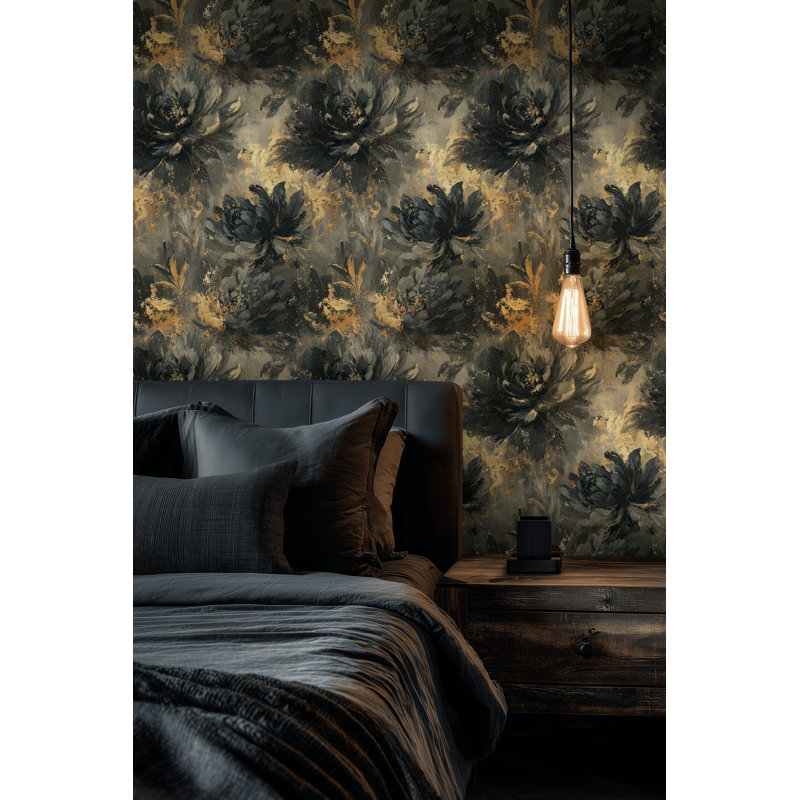 Papier peint floral doré noir