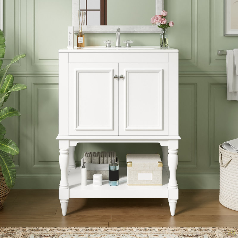 Meuble-lavabo de luxe moderne de 24 po avec lavabo en céramique, meuble de salle de bain avec tablette ouverte et rangement fermé