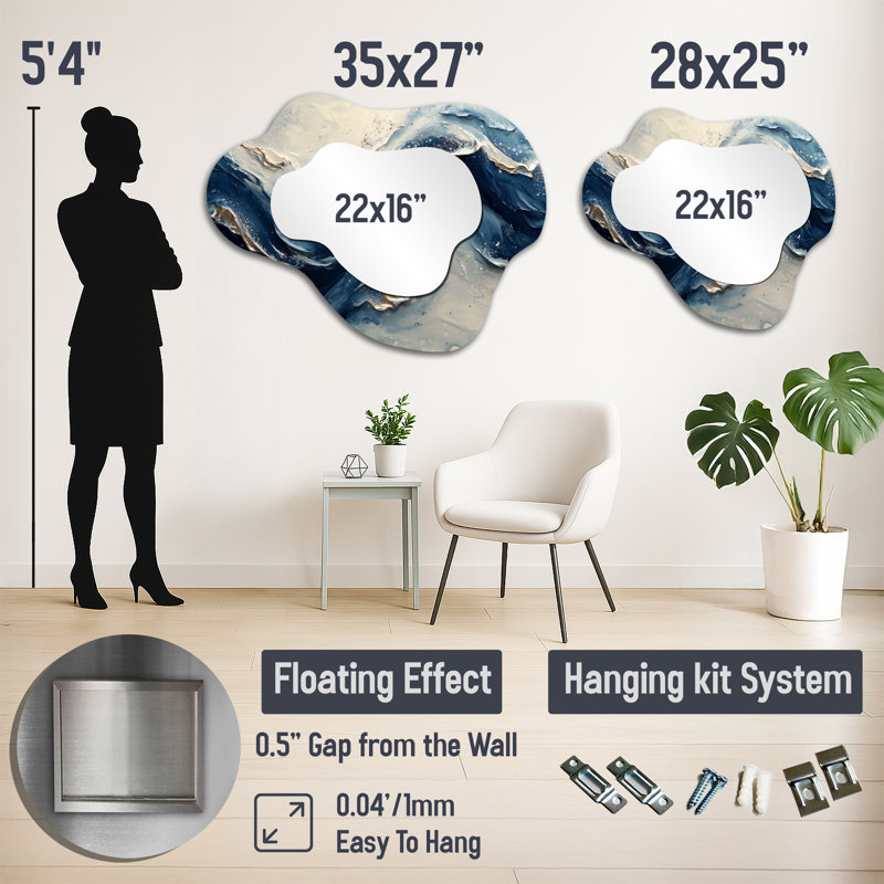 Blue And Grey Ink River Waves - Abstract Cloud Decorative Wall Mirror, Modern Vanity Mirror, Printed on Metal, 27" x 35"