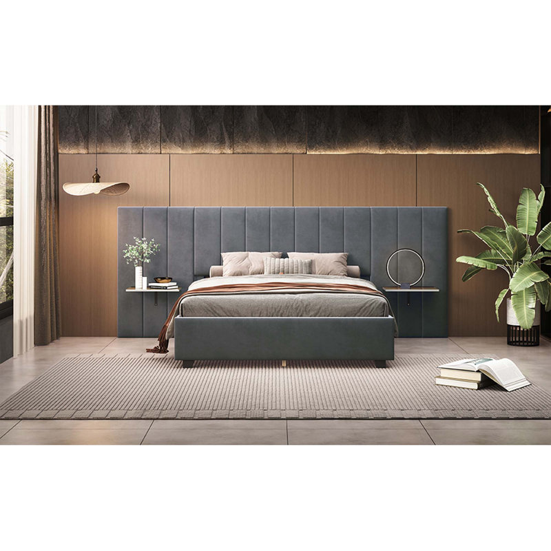 Lit plateforme tapissier avec grande tête de lit, mobilier de chambre à coucher, Gris, Grand lit
