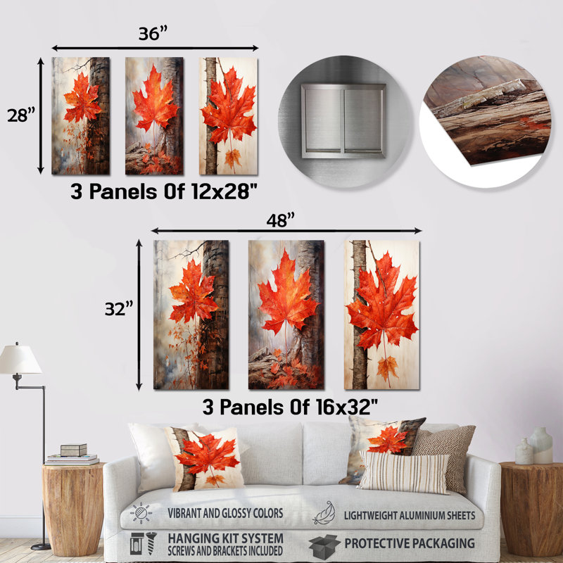 Maples Mark Autum - ensemble de 3 impressions sur érable rouge, H 32 po x l 48 po